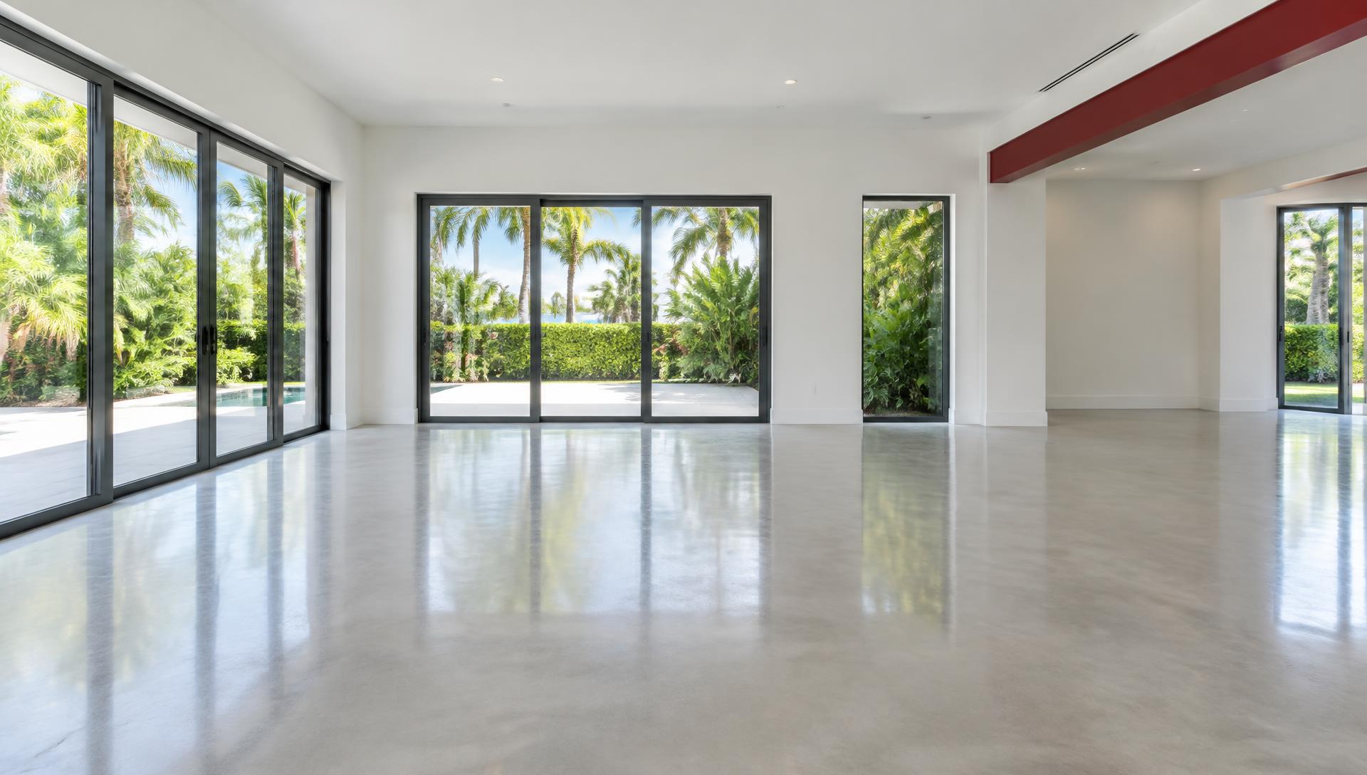 Bright, empty South Florida interior with open floor space and tropical greenery outside